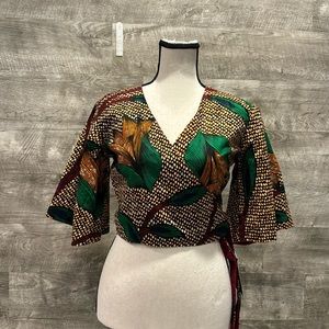 Floral Wrap Blouse - Green and Brown